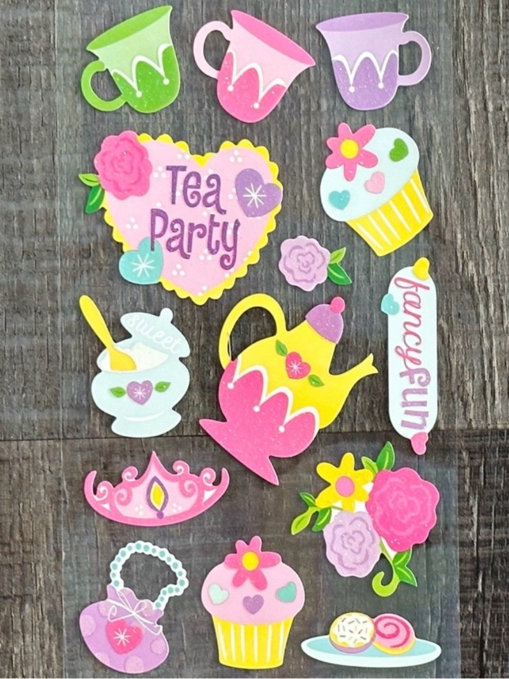 💞 New Fancy Fun Tea Party Cupcakes Flowers Glitter Scrapbook Craft Stickers